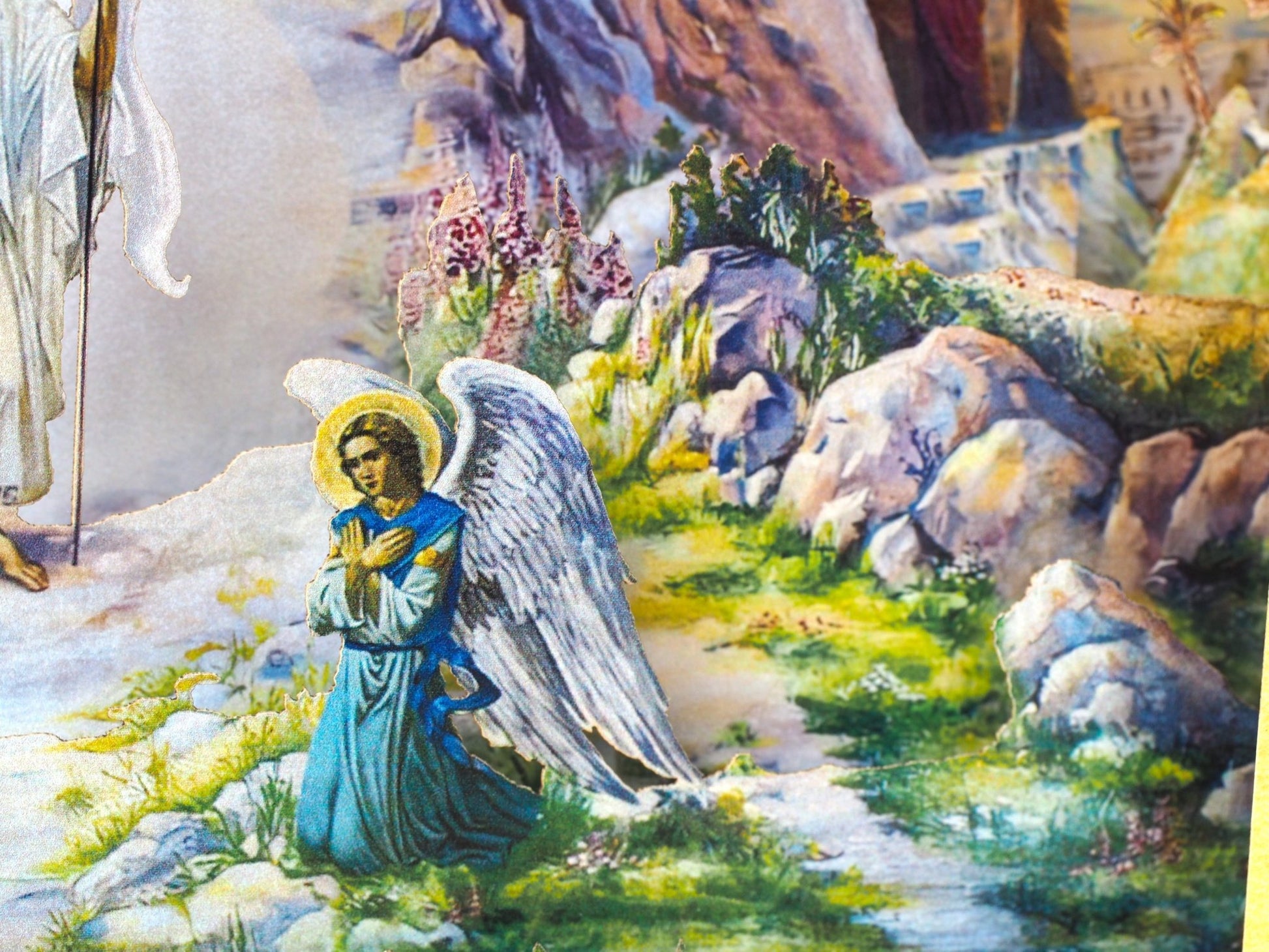 Jesus Christ Has Risen. Easter paper pop up card. Angels, Cave.
