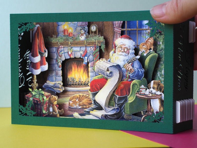 Christmas pop-up card Santa workshop house