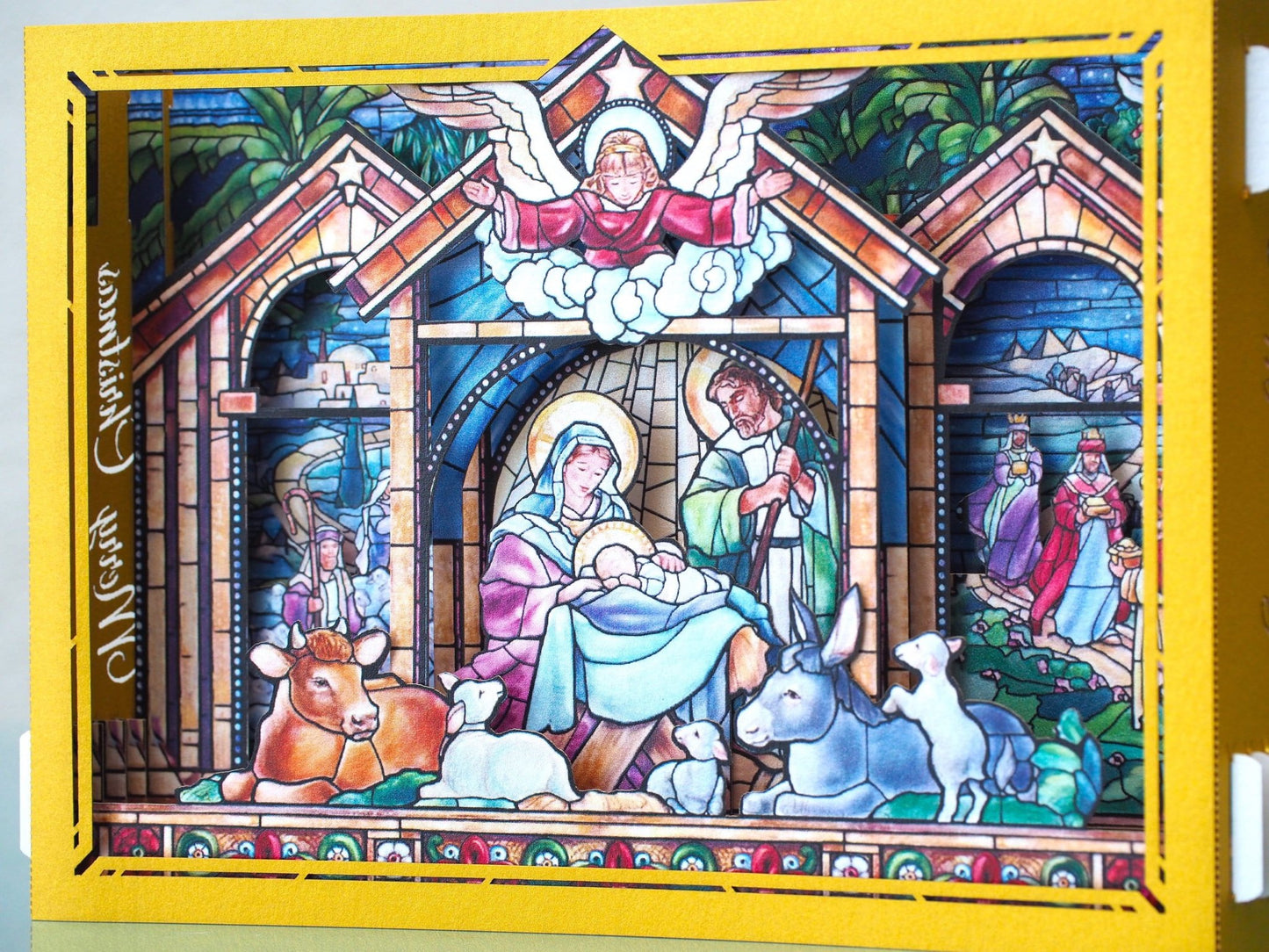 Christmas Nativity Holy Night Scene. Mosaic icon pop up card