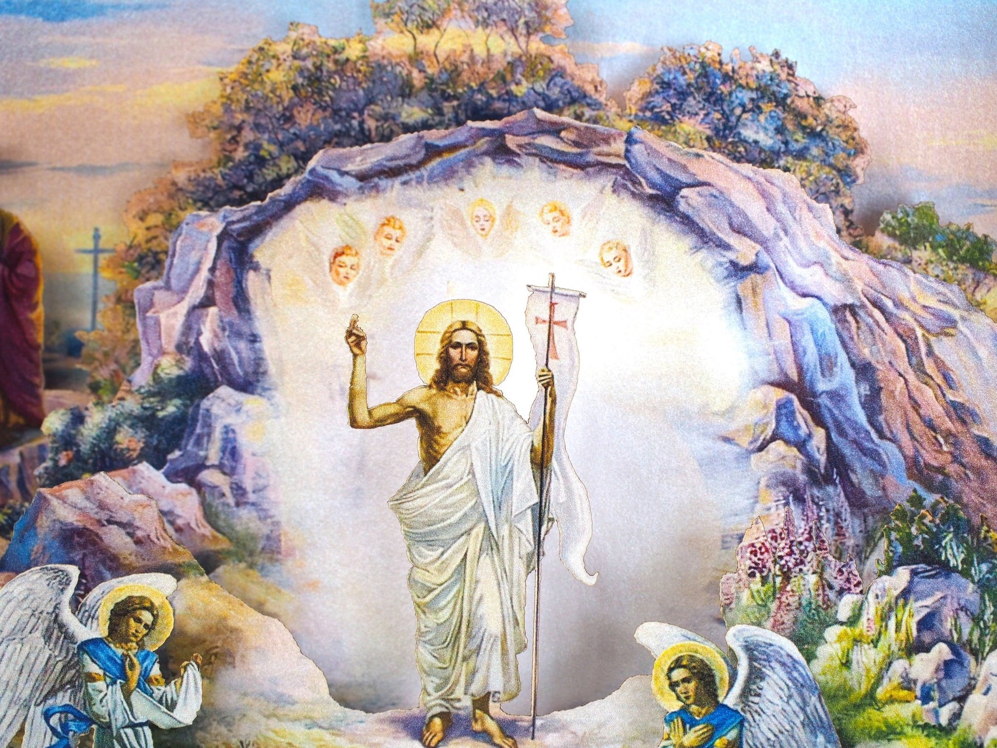 Jesus Christ Has Risen. Easter paper pop up card. Angels, Cave.