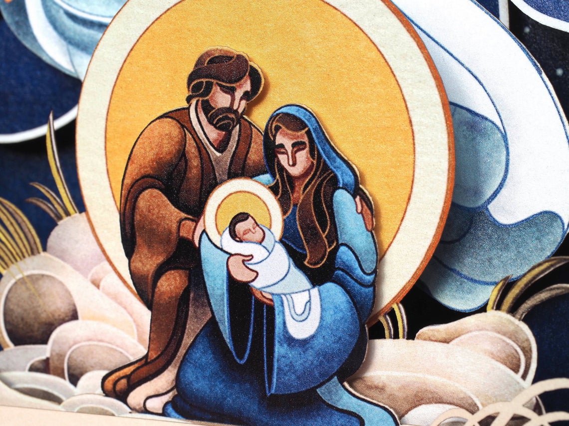Christmas pop-up card Baby Jesus, Mother Mary, Angels, Holy Star