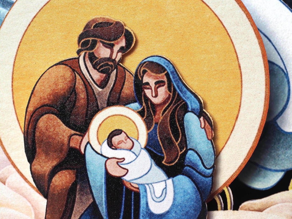 Christmas pop-up card Baby Jesus, Mother Mary, Angels, Holy Star