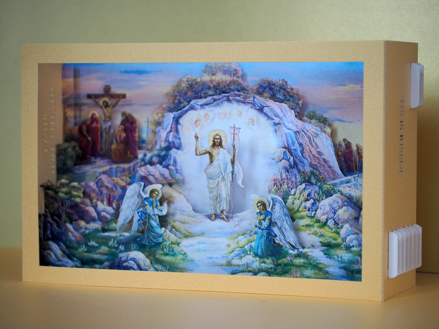 Jesus Christ Has Risen. Easter paper pop up card. Angels, Cave.