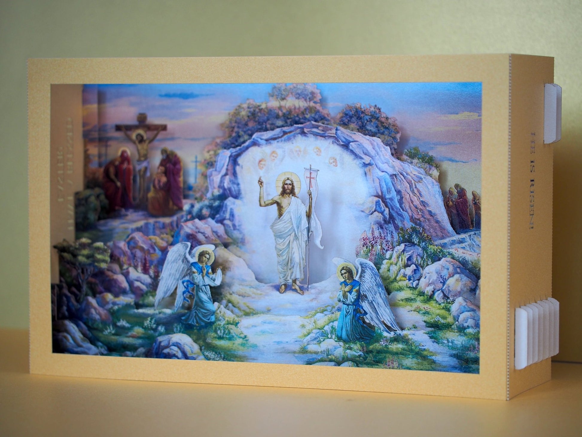 Jesus Christ Has Risen. Easter paper pop up card. Angels, Cave.