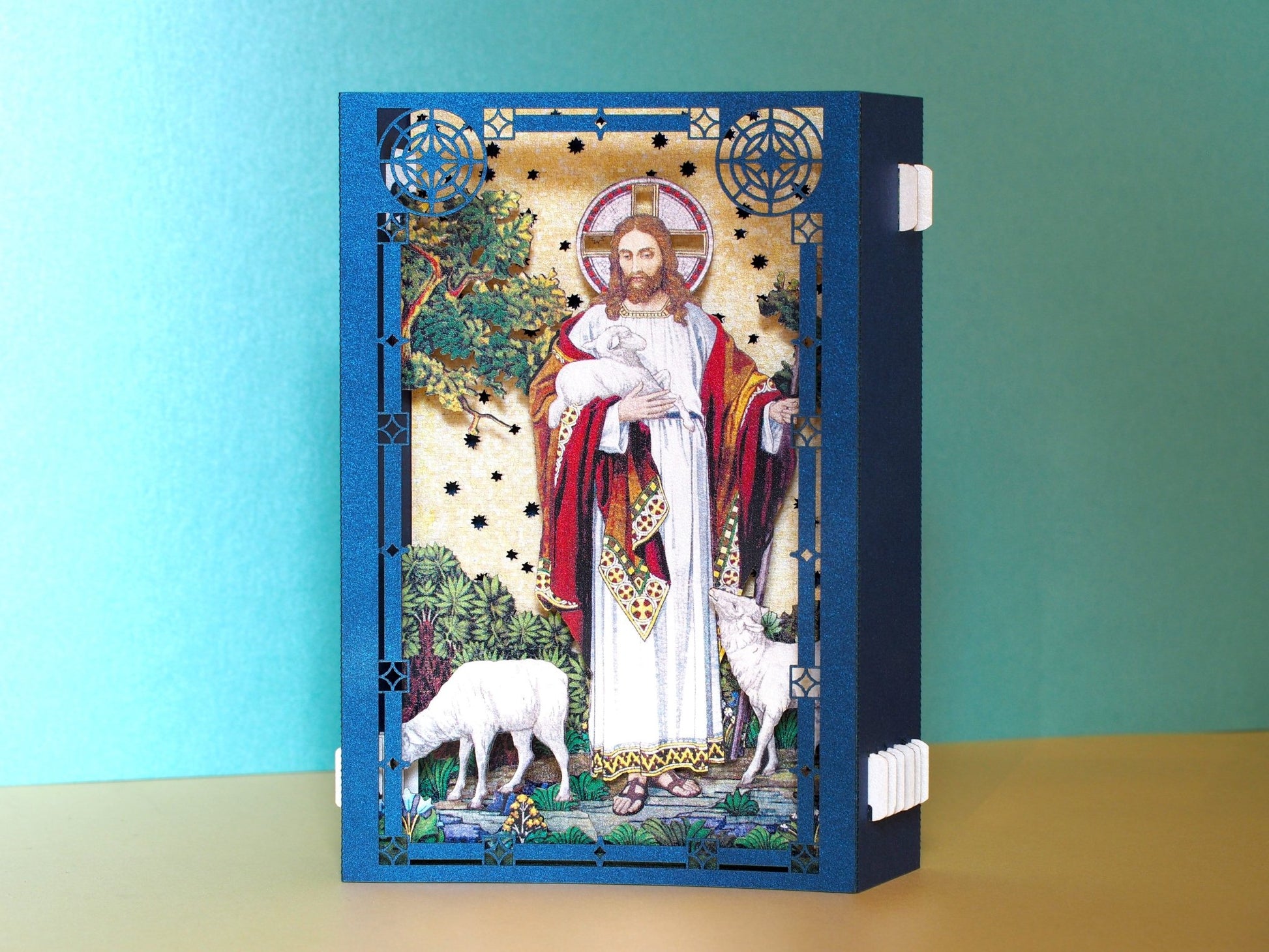 Jesus with Lambs pop up card box paper icon