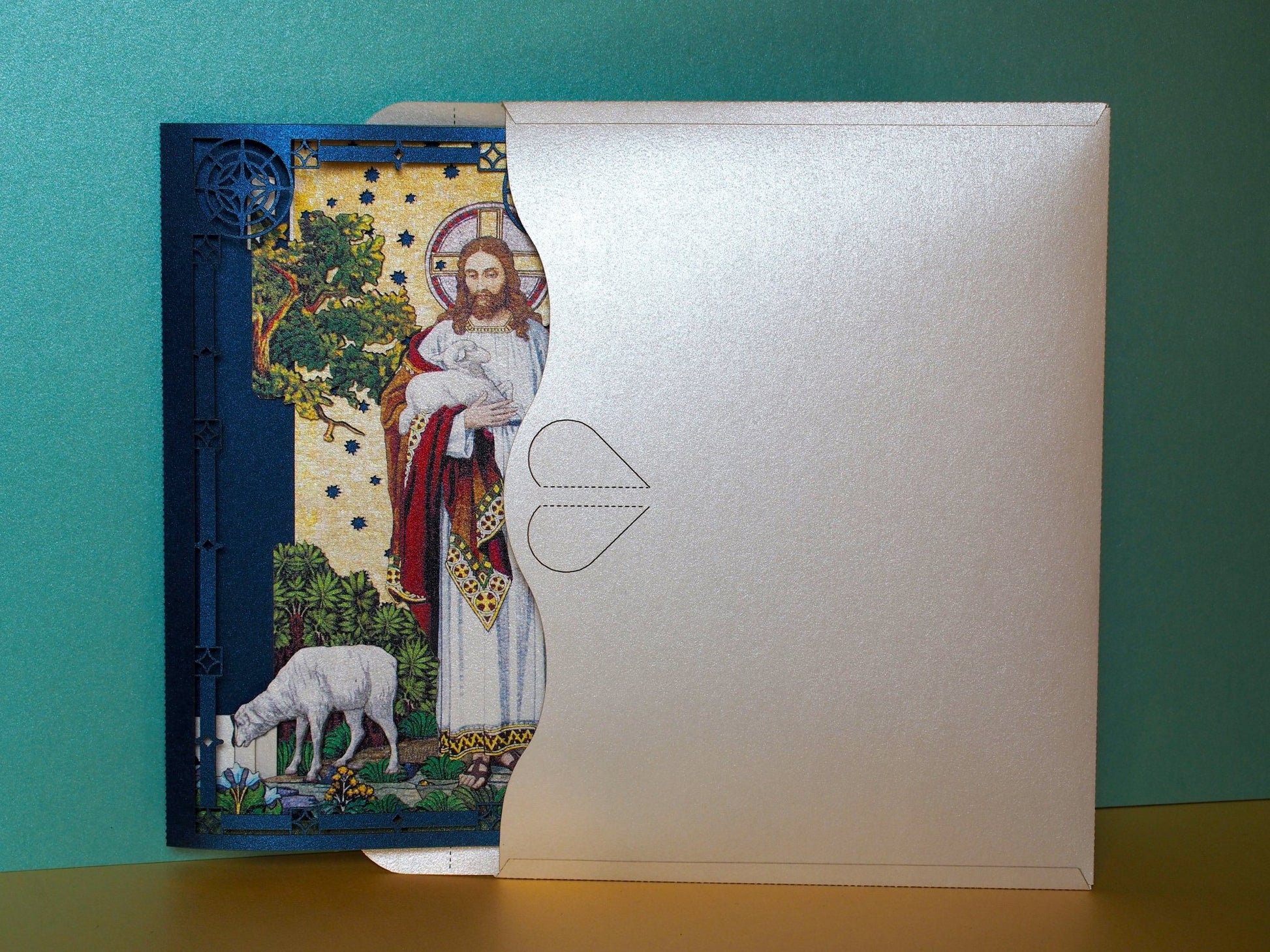 Jesus with Lambs pop up card box paper icon