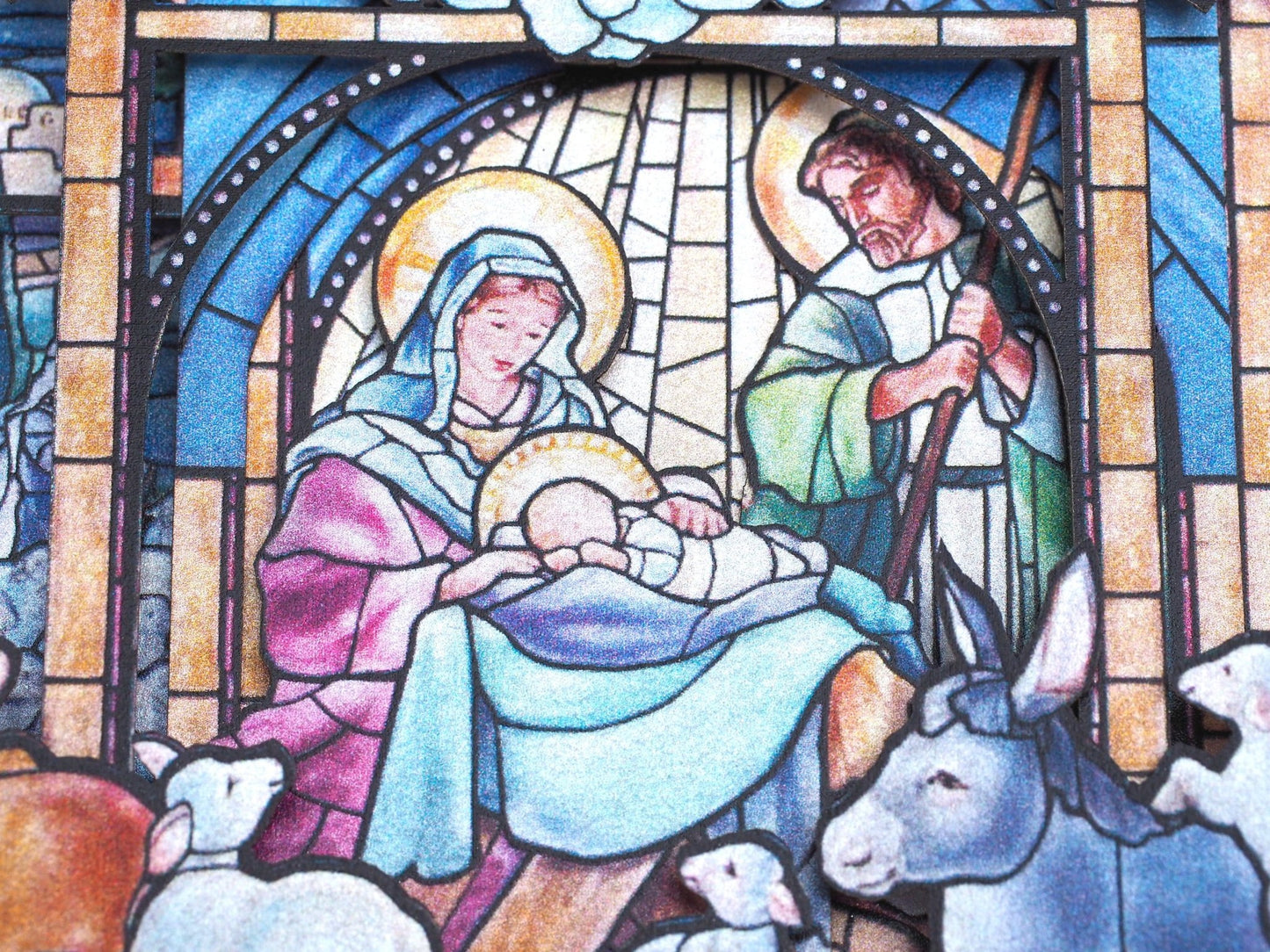 Christmas Nativity Holy Night Scene. Mosaic icon pop up card