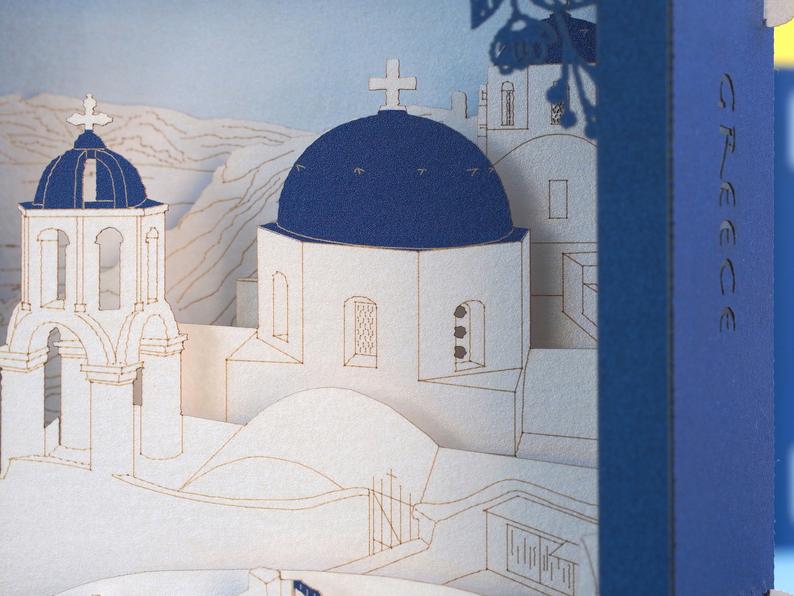 Santorini Greece pop-up card - laser cut blue roofs