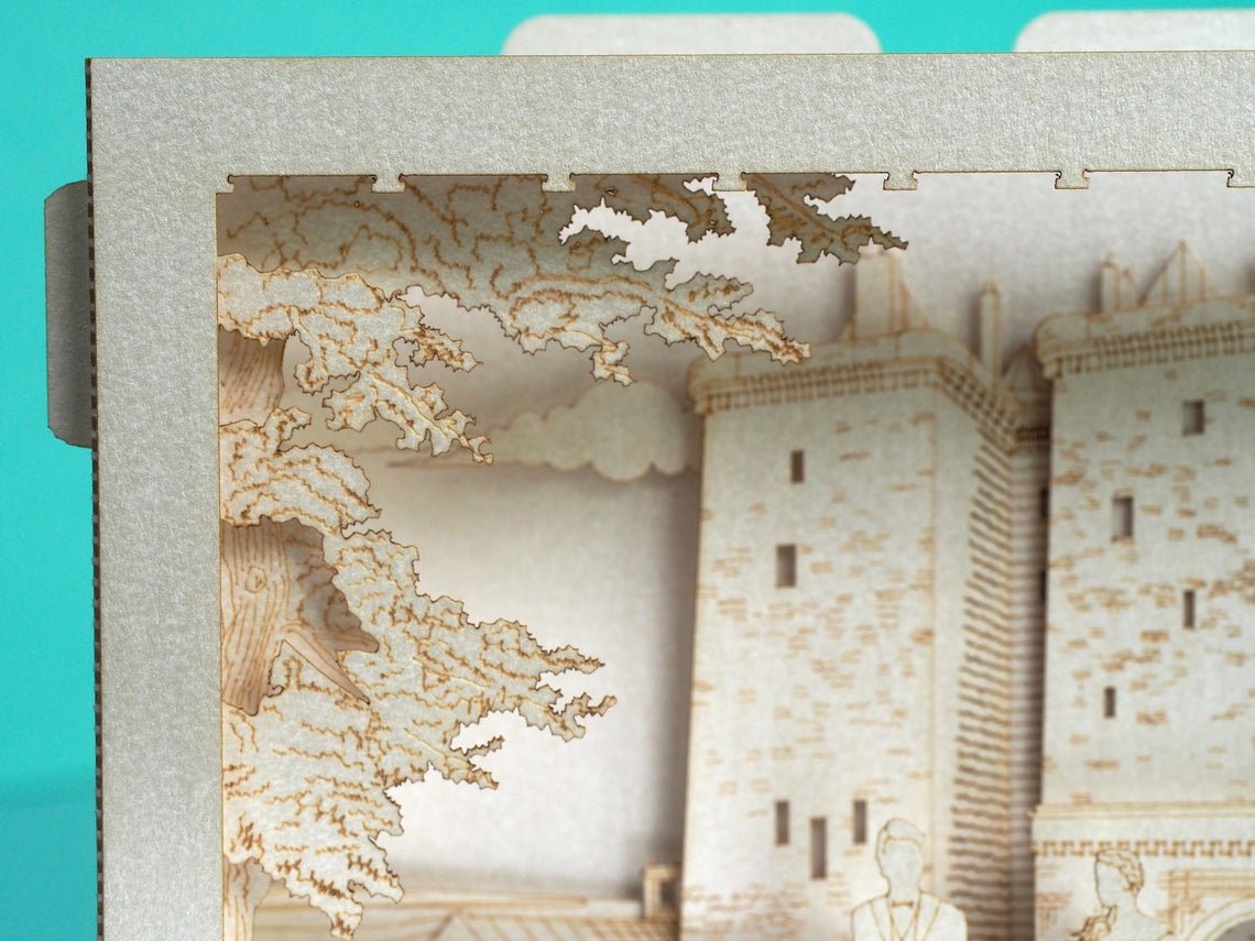 Paper laser cut frame of pop up wedding invitation box