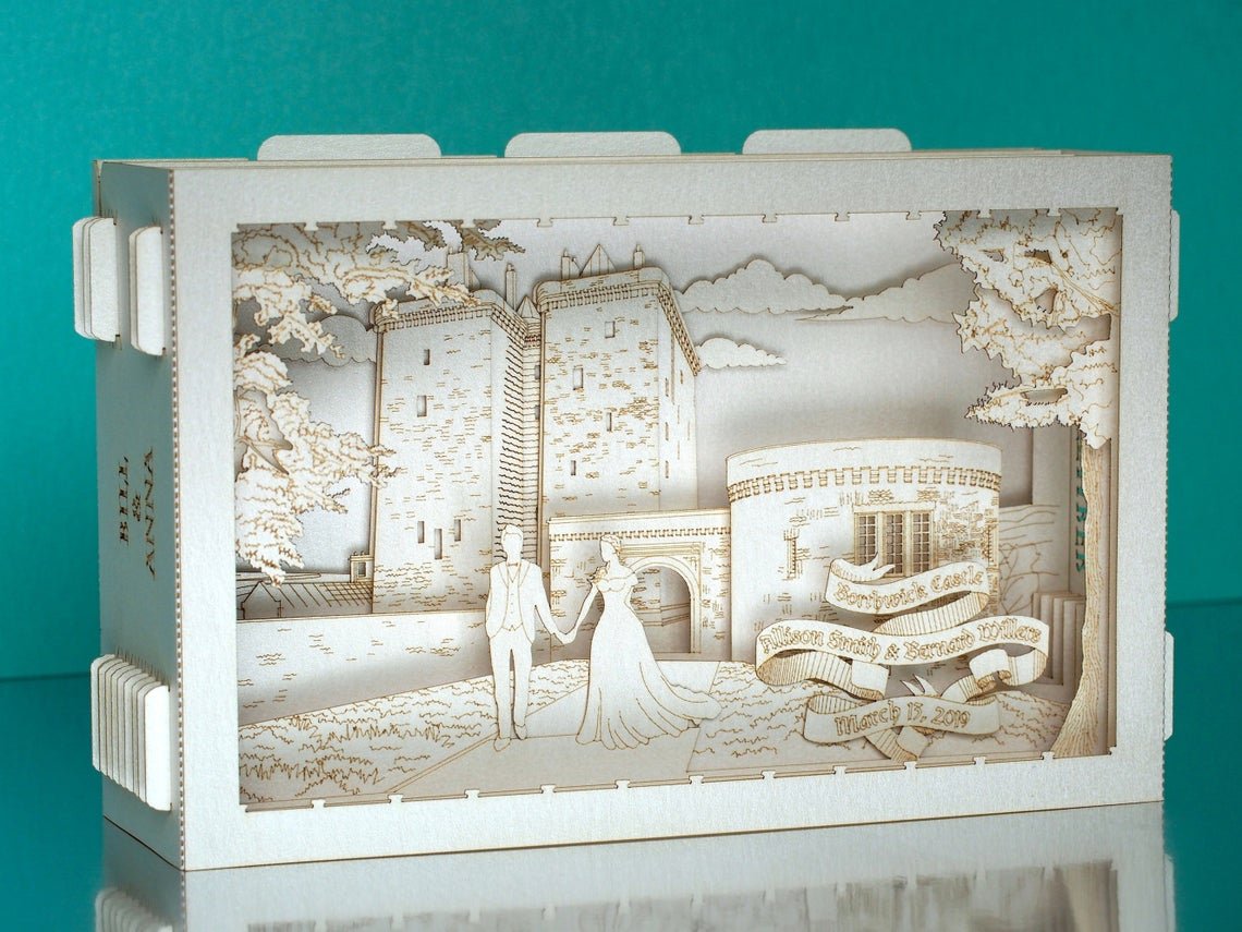 Wedding invitation Borthwick Castle Scotland pop up box with RSVP cards