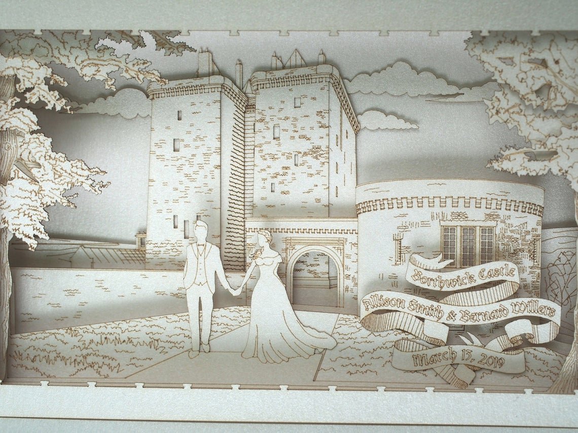 Laser cut bride and groom paper model of Scottish Medieval Castle with custom text