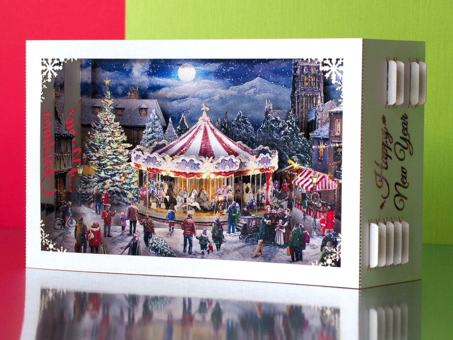 Christmas Carousel in the city. Paper pop upXmas holiday 3d card. Laser cut. Happy New Year greeting cards. - ColibriGift
