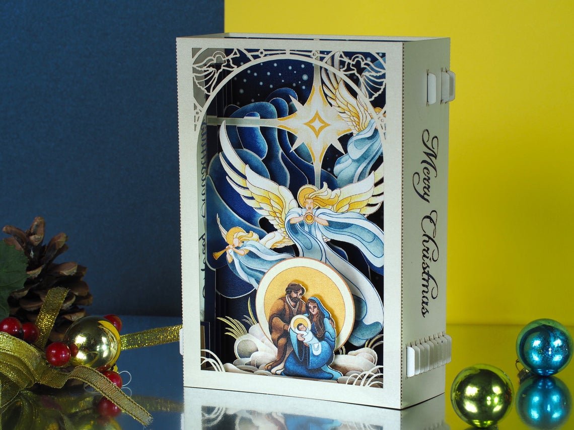 Christmas pop-up card Holy Crib Nativity scene, Baby Jesus, Mother Mary, Angels, Holy Star - ColibriGift