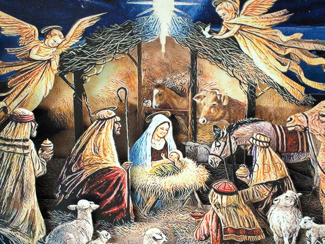 Christmas pop-up card Nativity scene, Baby Jesus Birth, Mother Mary, Angels, Holy star, Angels - ColibriGift