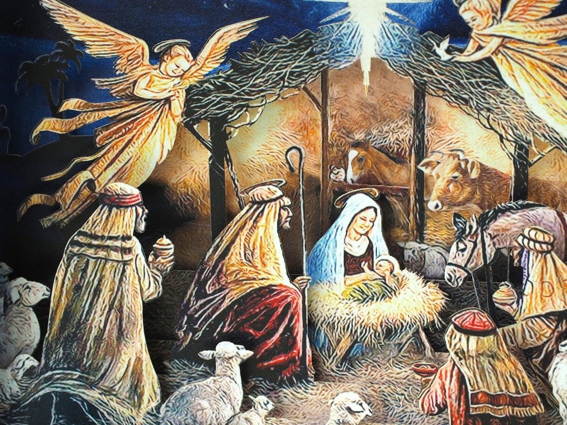 Christmas pop-up card Nativity scene, Baby Jesus Birth, Mother Mary, Angels, Holy star, Angels - ColibriGift
