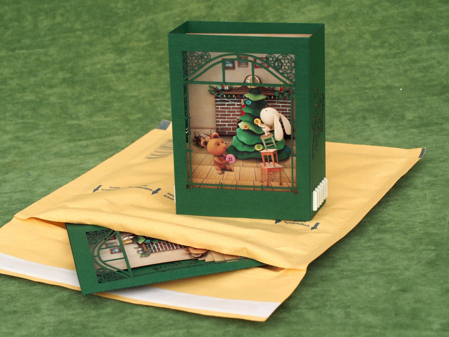 Christmas pop-up card Teddy bear and Rabbit 