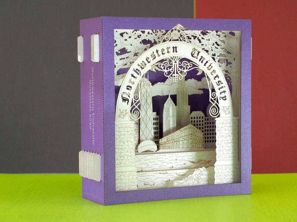 Corporate Northwestern University paper miniature, NU Evanston, Illinois, Chicago, USA pop-up card, promo card - ColibriGift