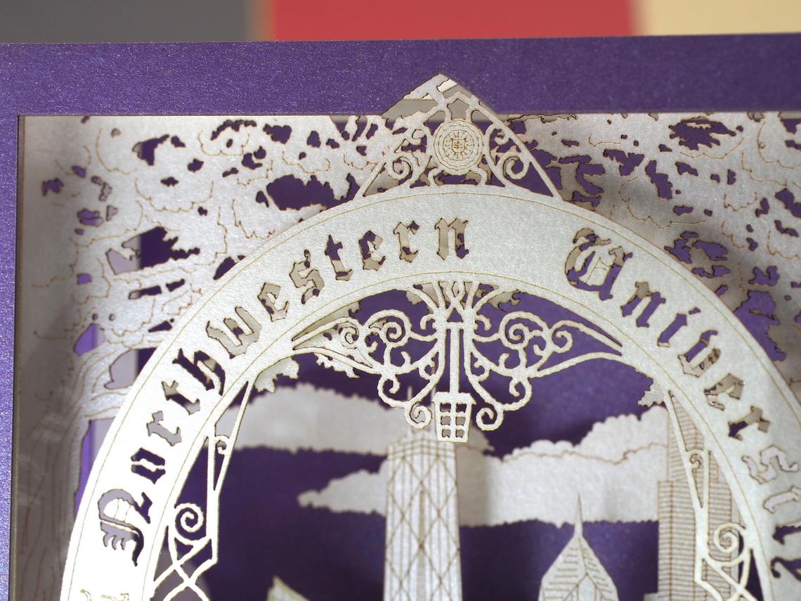 Corporate Northwestern University paper miniature, NU Evanston, Illinois, Chicago, USA pop-up card, promo card - ColibriGift