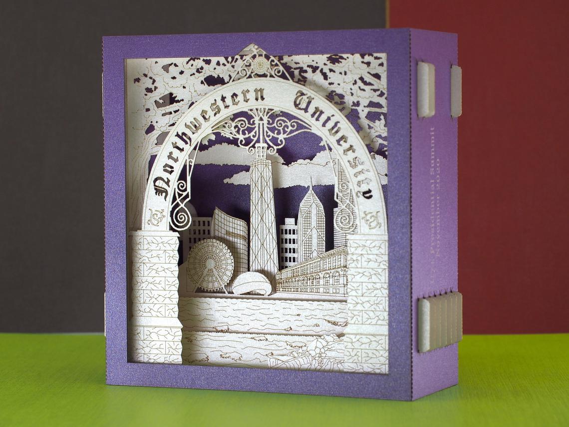 Corporate Northwestern University paper miniature, NU Evanston, Illinois, Chicago, USA pop-up card, promo card - ColibriGift