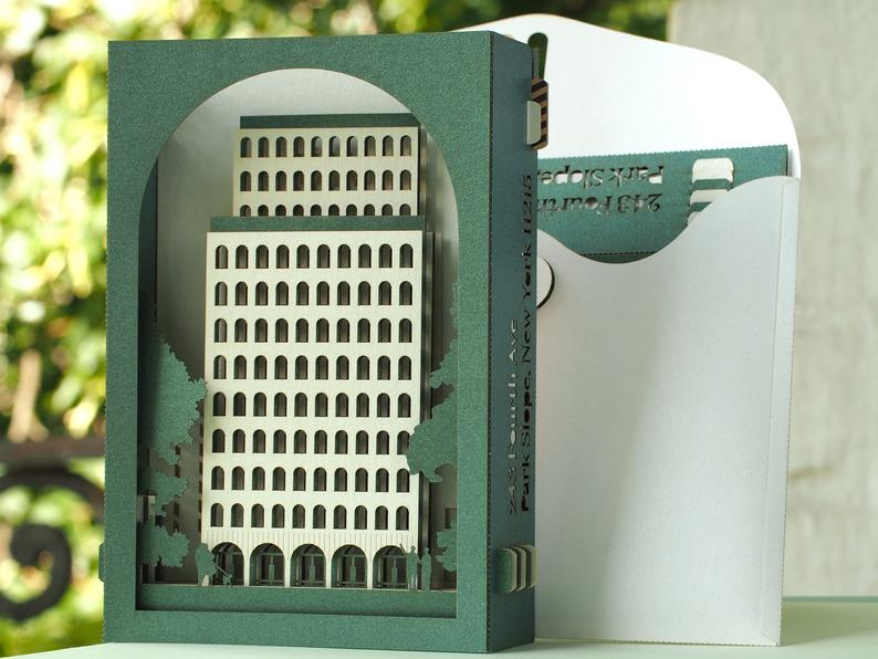 Custom 3D architecture pop up card with company logo, detailed building design greeting card for corporate gifts, client events and promotional invitations.