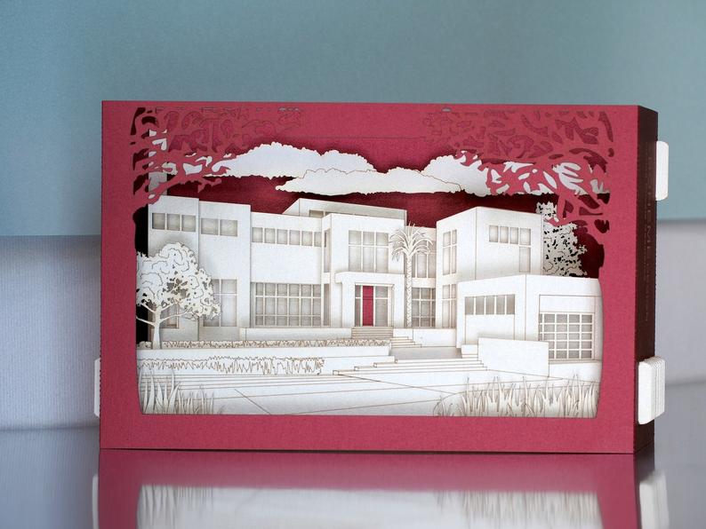 3D architecture pop up card made as a paper building model, custom promotional greeting card for corporate marketing, client gifts and business events.