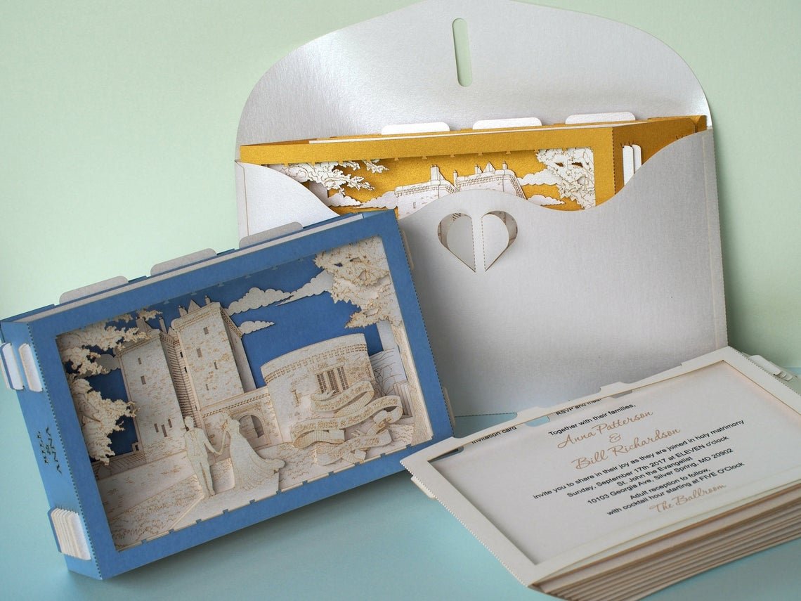 Custom wedding invitation Borthwick Castle Scotland Medieval Scottish fortifications pop-up card - ColibriGift