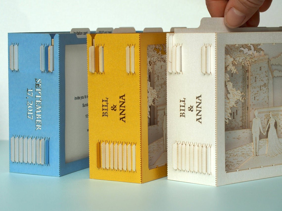 Personalized Blue Gold White boxes of wedding invitations 