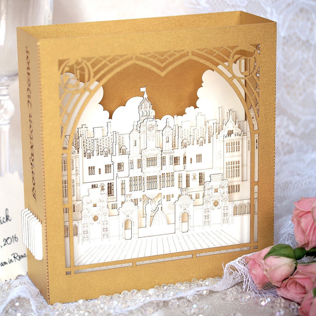 Custom wedding invitation Harlaxton Manor Lincolnshire England pop-up card - ColibriGift