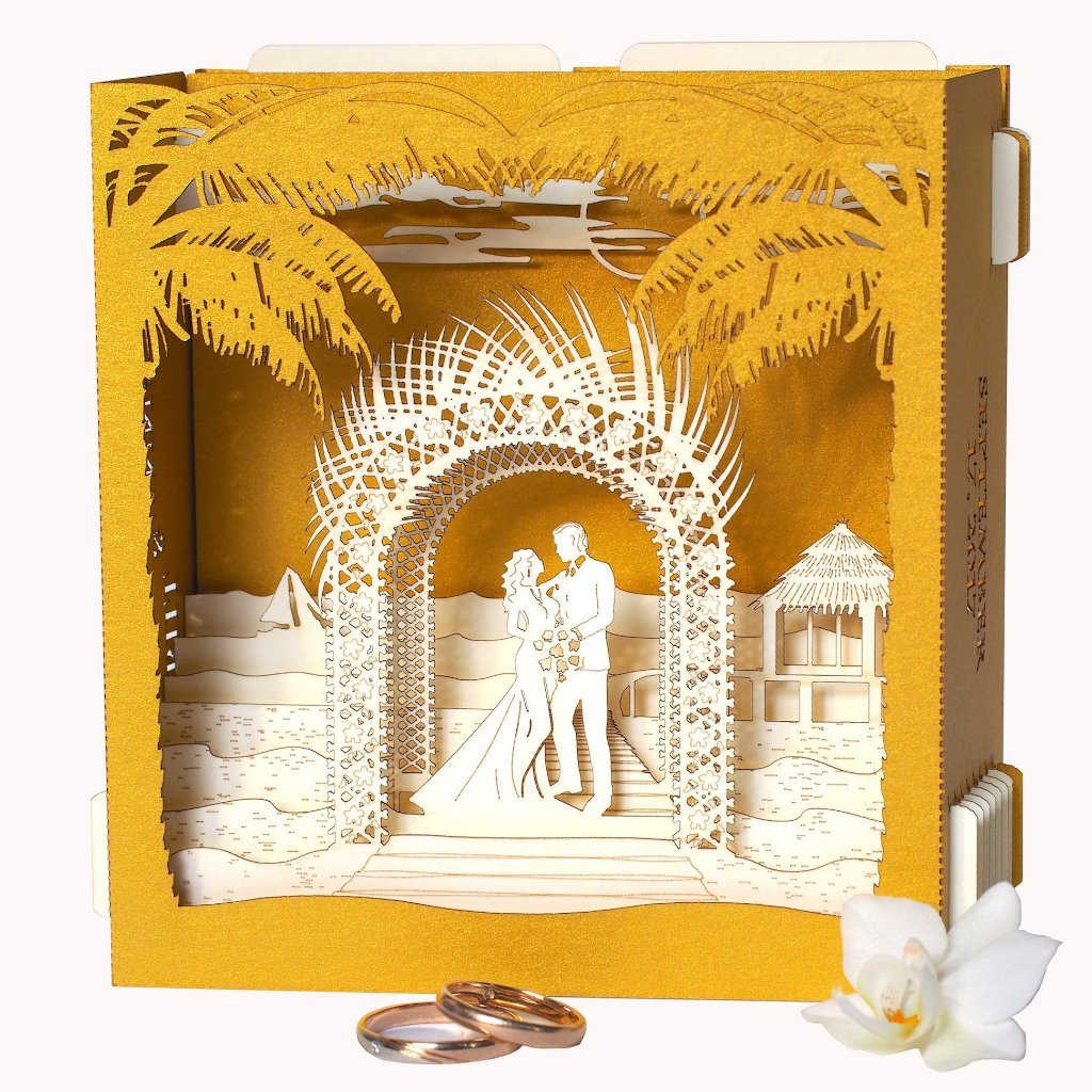 Custom wedding invitation pop-up cards with Beach Palm Arch - ColibriGift