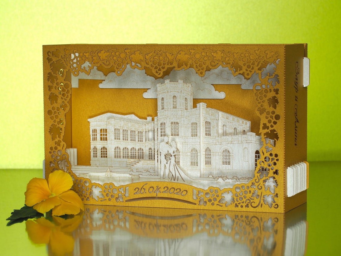 Custom wedding invitation Vineyards Chateau Mukhrani Georgia Tbilisi pop-up card - ColibriGift