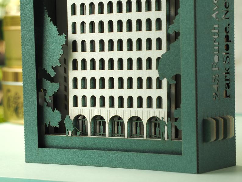 Custom 3D pop up card featuring a building with company logo, elegant architecture themed greeting card for corporate gifts, client events and business invitations.