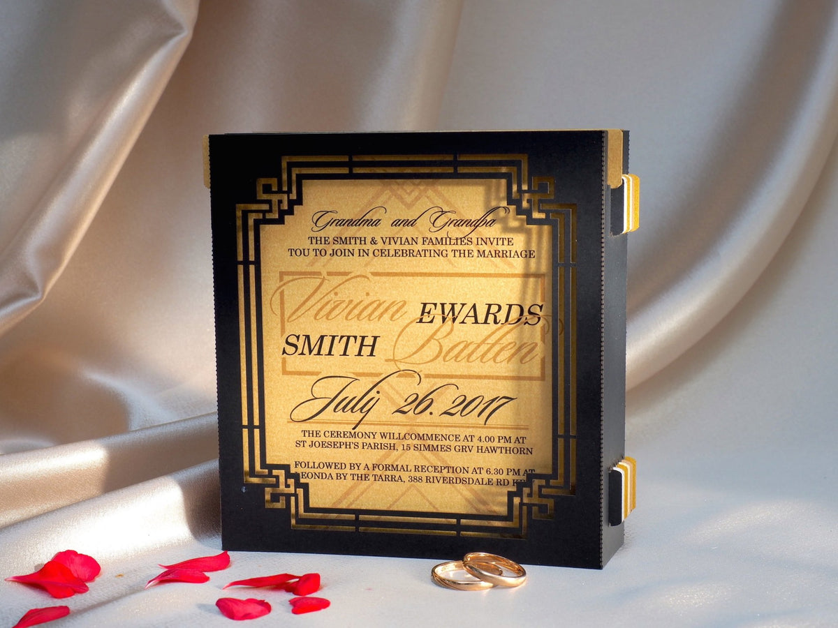 Great Gatsby invitation pop up box with info cards