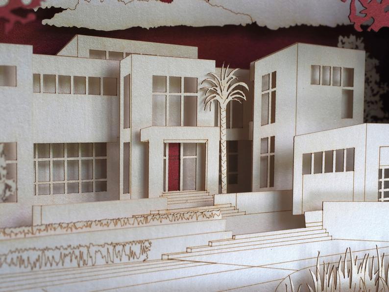 3D architecture pop up card made as a paper building model, custom promotional greeting card for corporate marketing, client gifts and business events.