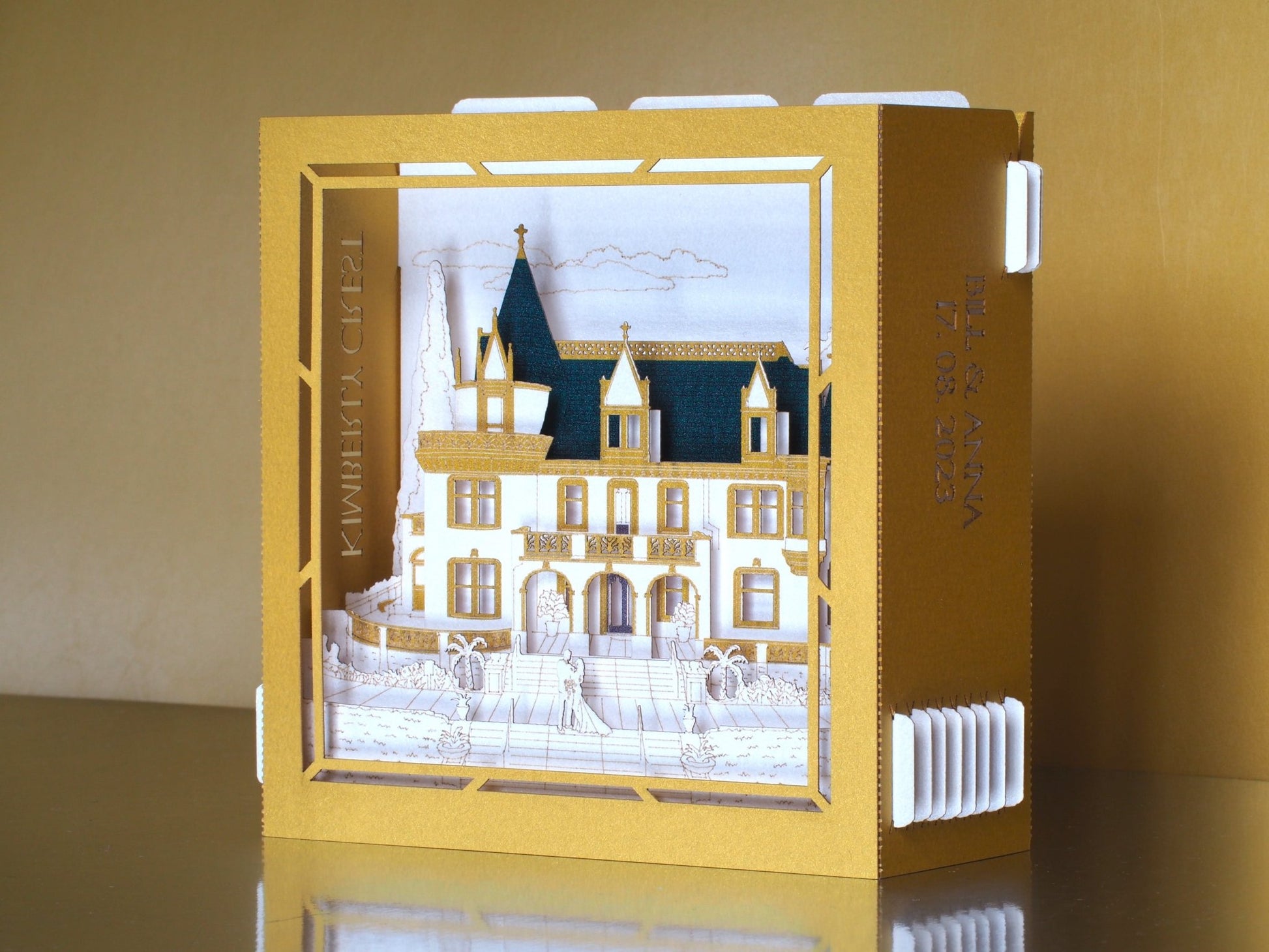 Kimberly Crest House and Gardens wedding invitation card. Pop up box RSVP inserts. Folded 3d invite t. Castle - ColibriGift