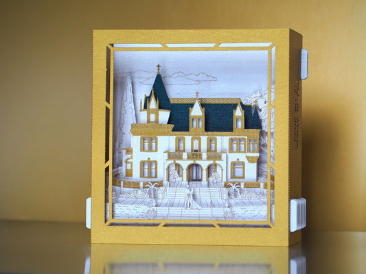 Kimberly Crest House and Gardens wedding invitation card. Pop up box RSVP inserts. Folded 3d invite t. Castle - ColibriGift