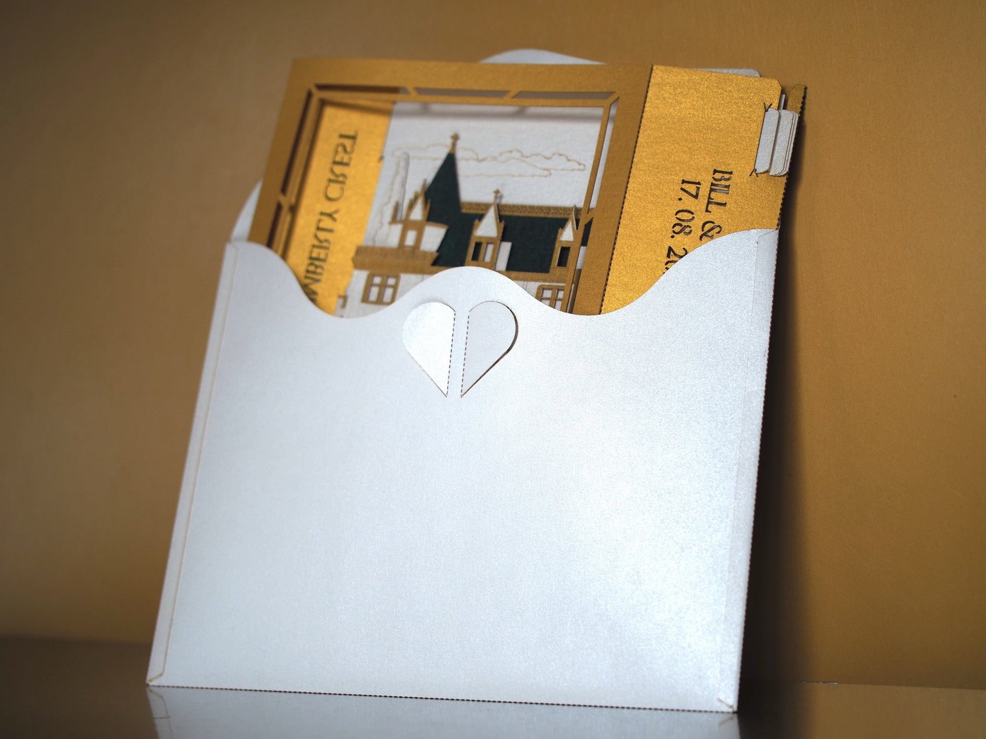Kimberly Crest House and Gardens wedding invitation card. Pop up box RSVP inserts. Folded 3d invite t. Castle - ColibriGift