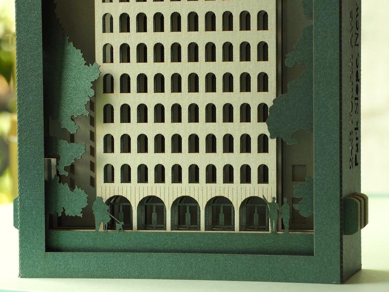 Custom 3D architecture pop up card with company logo, detailed building design greeting card for corporate gifts, client events and promotional invitations.