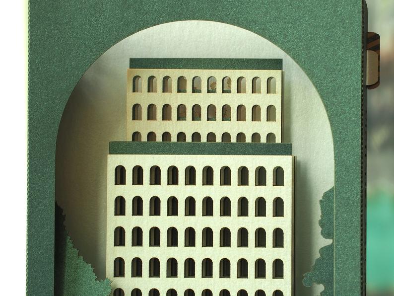 Custom 3D architecture pop up card with company logo, detailed building design greeting card for corporate gifts, client events and promotional invitations.