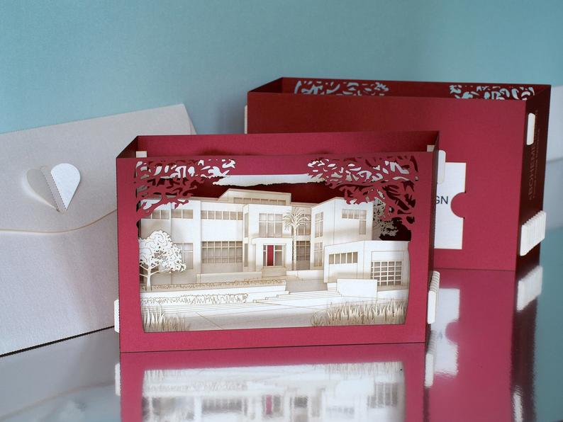 3D architecture pop up card made as a paper building model, custom promotional greeting card for corporate marketing, client gifts and business events.