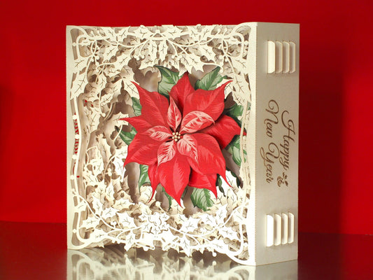 Poinsettia flower Christmas paper pop up model. Box 3d laser cut flower. Xmas decor. Popup kirigami gift. - ColibriGift
