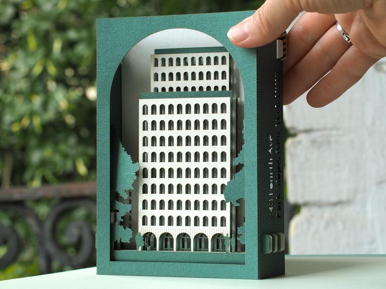 Custom 3D architecture pop up card with company logo, detailed building design greeting card for corporate gifts, client events and promotional invitations.