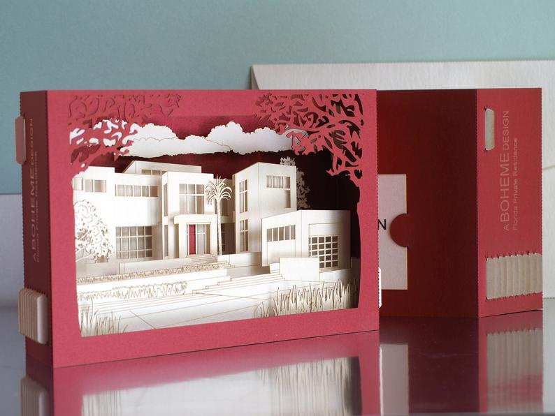 3D architecture pop up card made as a paper building model, custom promotional greeting card for corporate marketing, client gifts and business events.