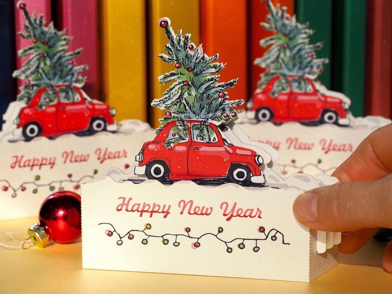 Red Car Merry Christmas Tree pop-up miniature gift - ColibriGift