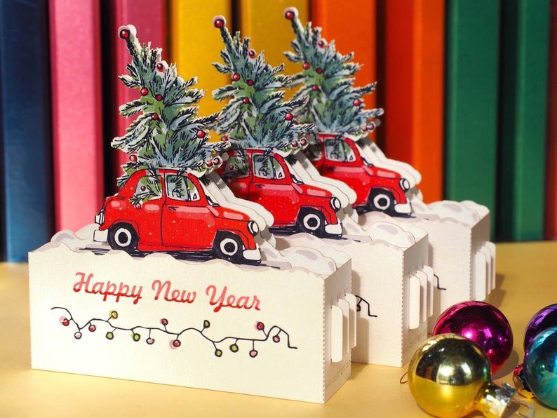Red Car Merry Christmas Tree pop-up miniature gift - ColibriGift