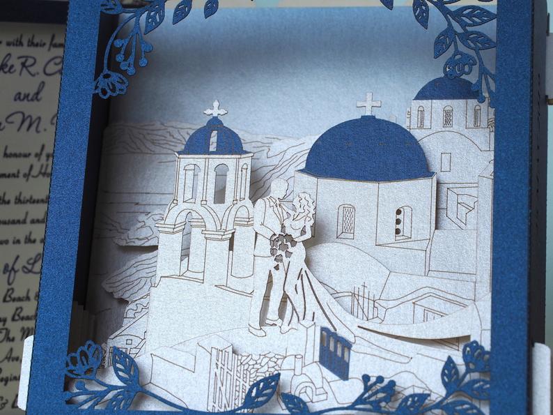 Santorini Greece wedding invitations RSVP Save the Date Sea Beach wedding pop-up cards - ColibriGift