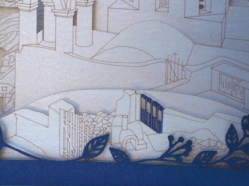 Santorini Greece pop-up card - laser cut miniature