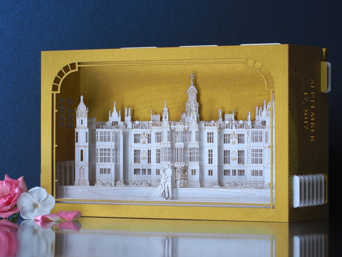 wedding-invitation-harlaxton-manor-pop-up-card Laser cut Paper Castle box