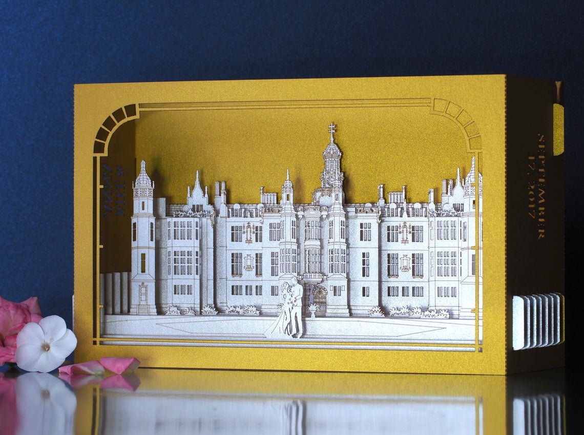 wedding-invitation-harlaxton-manor-pop-up-card Gold color Paper box and laser cut layers inside folded flat