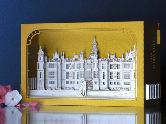 wedding-invitation-harlaxton-manor-pop-up-card Gold color Paper box and laser cut layers inside folded flat