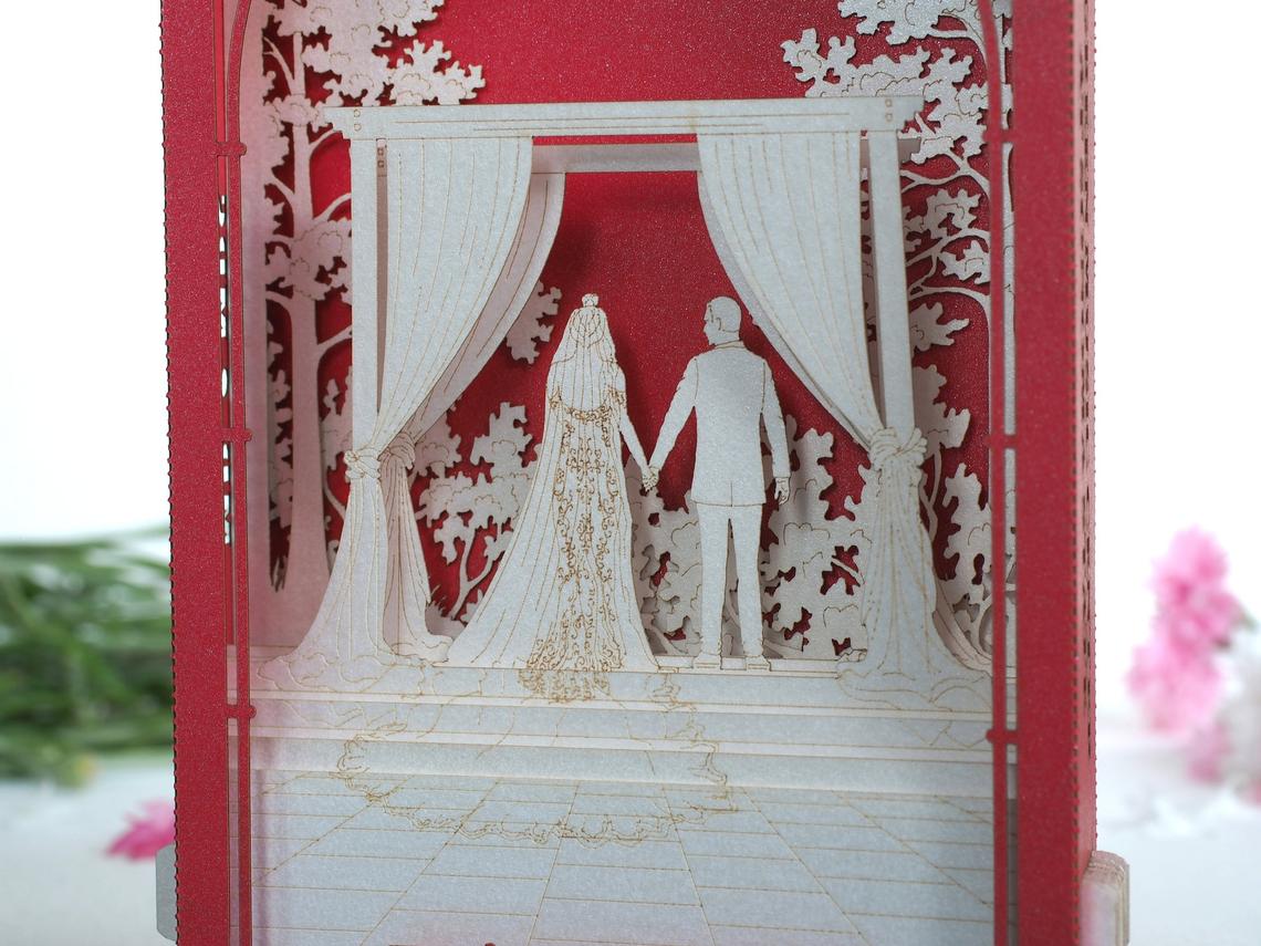 Wedding invitation outdoor garden arch curtains, trees pop-up card - ColibriGift